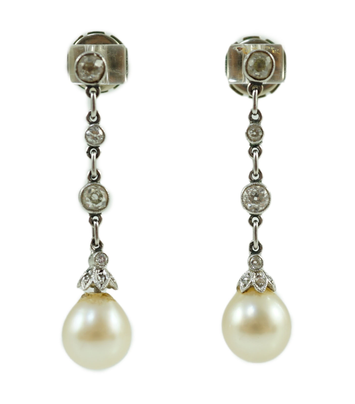 A pair of white gold, diamond and cultured pearl set drop earrings